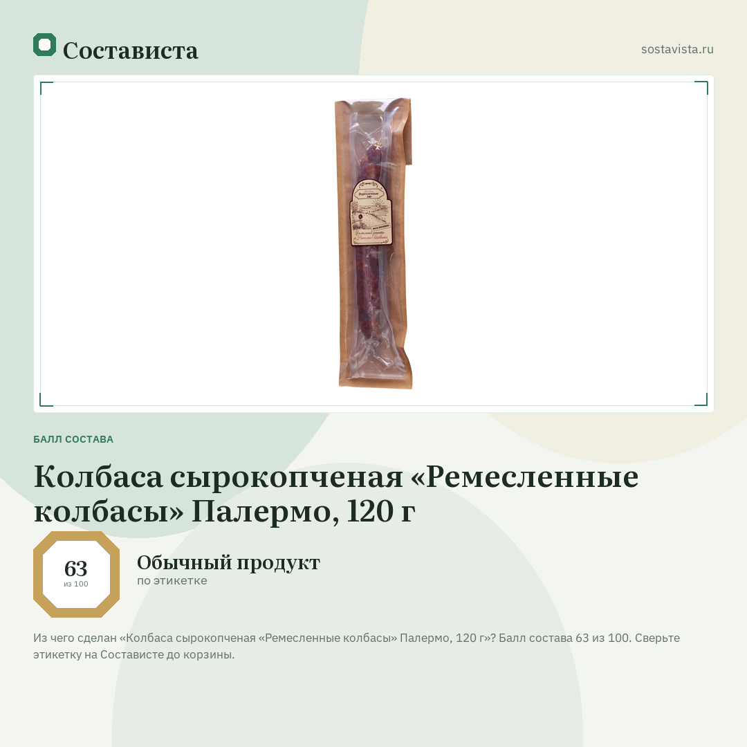 Колбаса сырокопченая «Ремесленные колбасы» Палермо, 120 г: балл состава 63 из 100 — Состависта