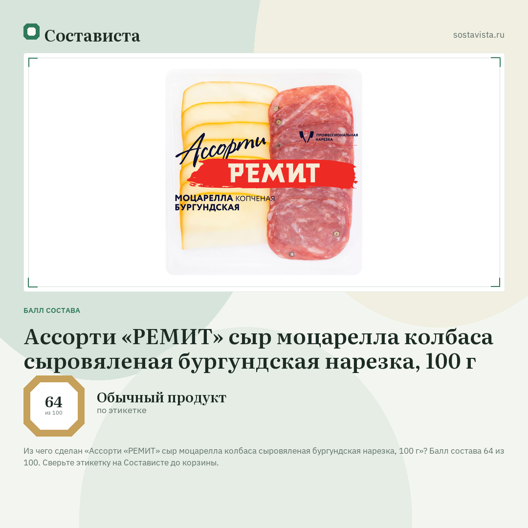Ассорти «РЕМИТ» сыр моцарелла колбаса сыровяленая бургундская нарезка, 100 г: балл состава 64 из 100 — Состависта