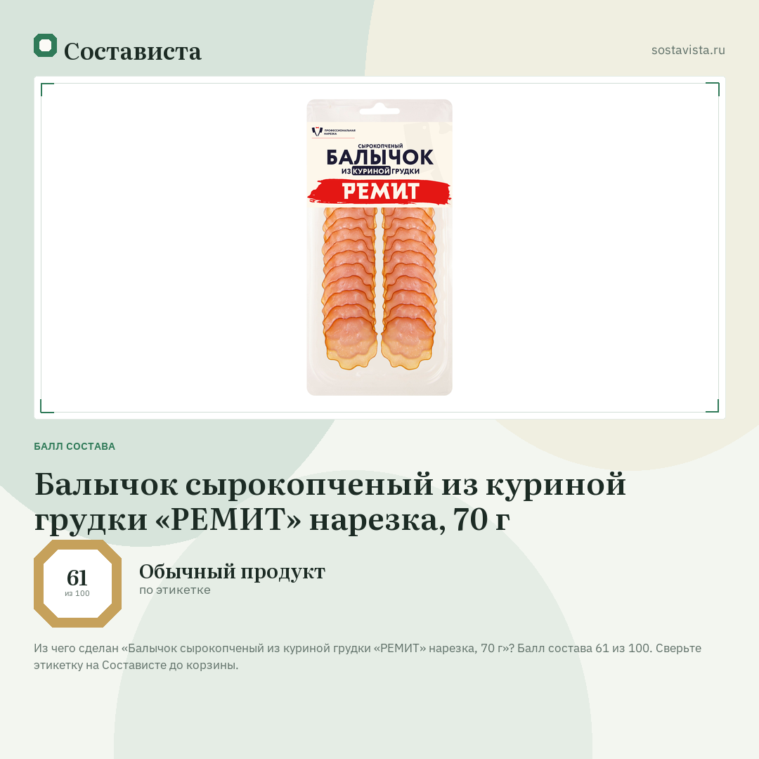 Балычок сырокопченый из куриной грудки «РЕМИТ» нарезка, 70 г: балл состава 61 из 100 — Состависта