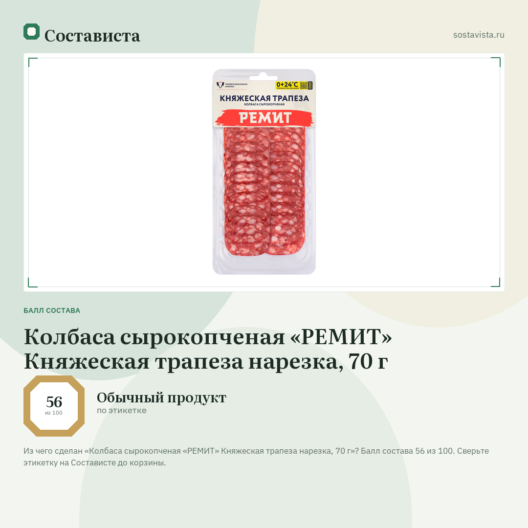 Колбаса сырокопченая «РЕМИТ» Княжеская трапеза нарезка, 70 г: балл состава 56 из 100 — Состависта