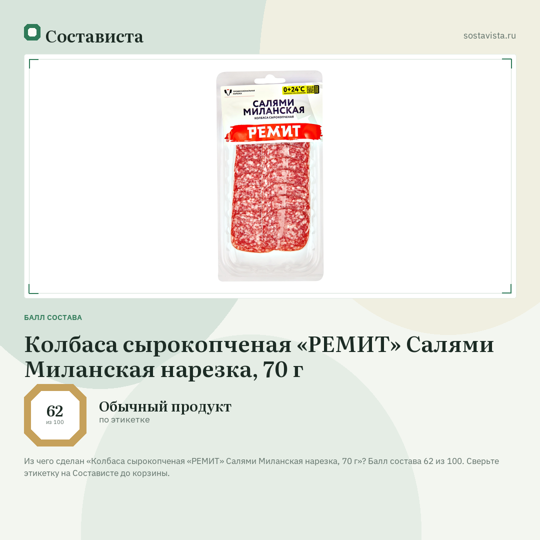 Колбаса сырокопченая «РЕМИТ» Салями Миланская нарезка, 70 г: балл состава 62 из 100 — Состависта