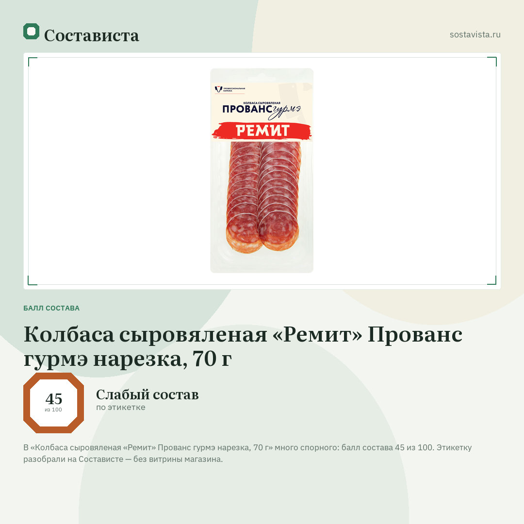 Колбаса сыровяленая «Ремит» Прованс гурмэ нарезка, 70 г: балл состава 45 из 100 — Состависта