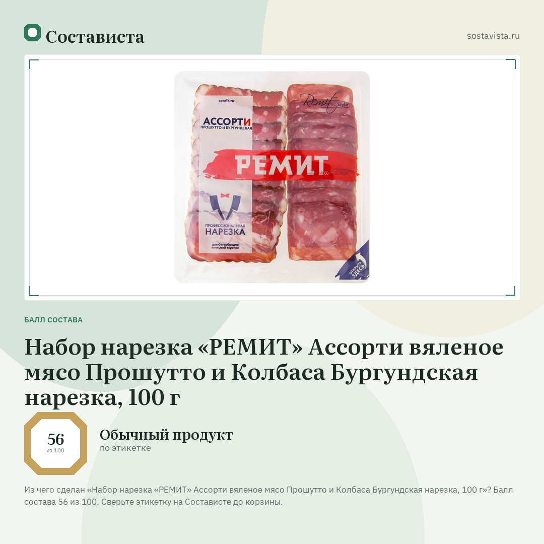 Набор нарезка «РЕМИТ» Ассорти вяленое мясо Прошутто и Колбаса Бургундская нарезка, 100 г: балл состава 56 из 100 — Состависта
