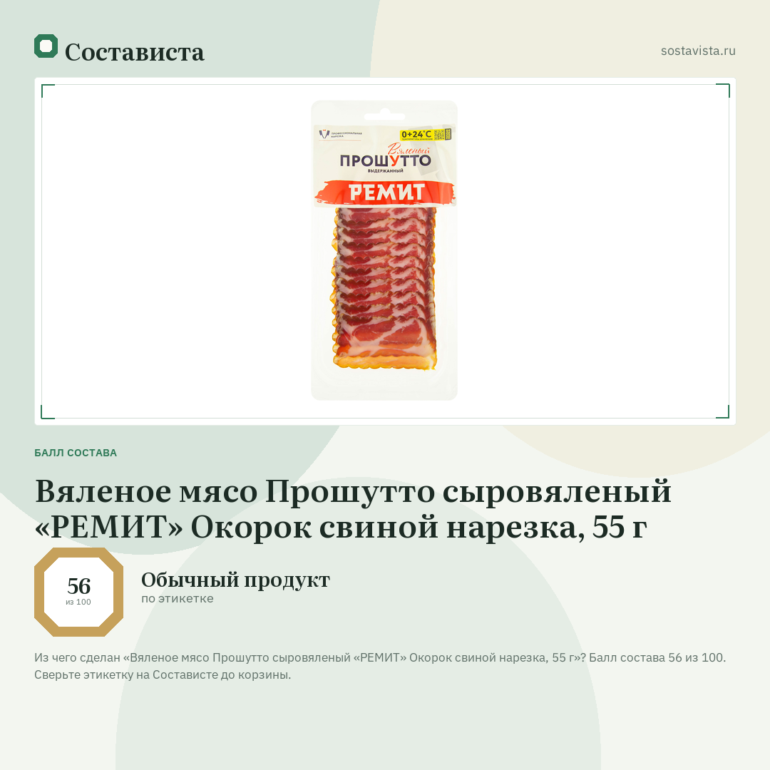 Вяленое мясо Прошутто сыровяленый «РЕМИТ» Окорок свиной нарезка, 55 г: балл состава 56 из 100 — Состависта