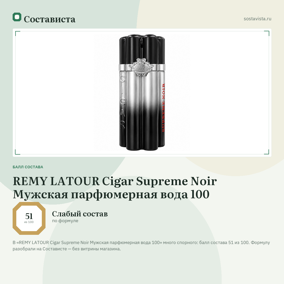 REMY LATOUR Cigar Supreme Noir Мужская парфюмерная вода 100: балл состава 51 из 100 — Состависта