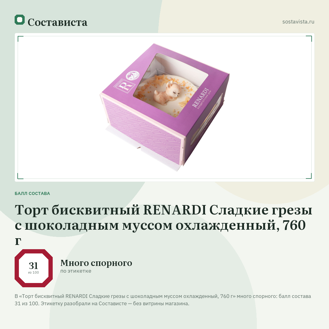Торт бисквитный RENARDI Сладкие грезы с шоколадным муссом охлажденный, 760 г: балл состава 31 из 100 — Состависта