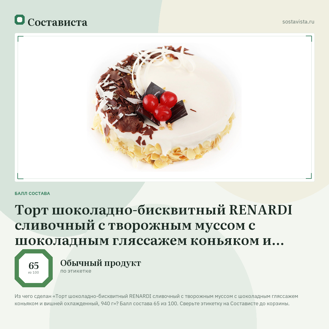 Торт шоколадно-бисквитный RENARDI сливочный с творожным муссом с шоколадным гляссажем коньяком и вишней охлажденный, 940 г: балл состава 65 из 100 — Состависта