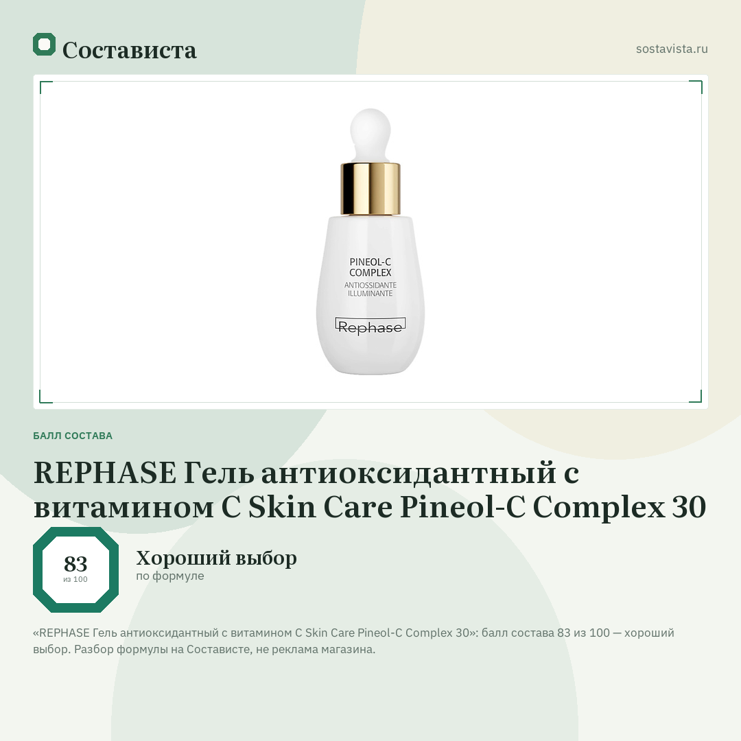 REPHASE Гель антиоксидантный с витамином С Skin Care Pineol-C Complex 30: балл состава 83 из 100 — Состависта