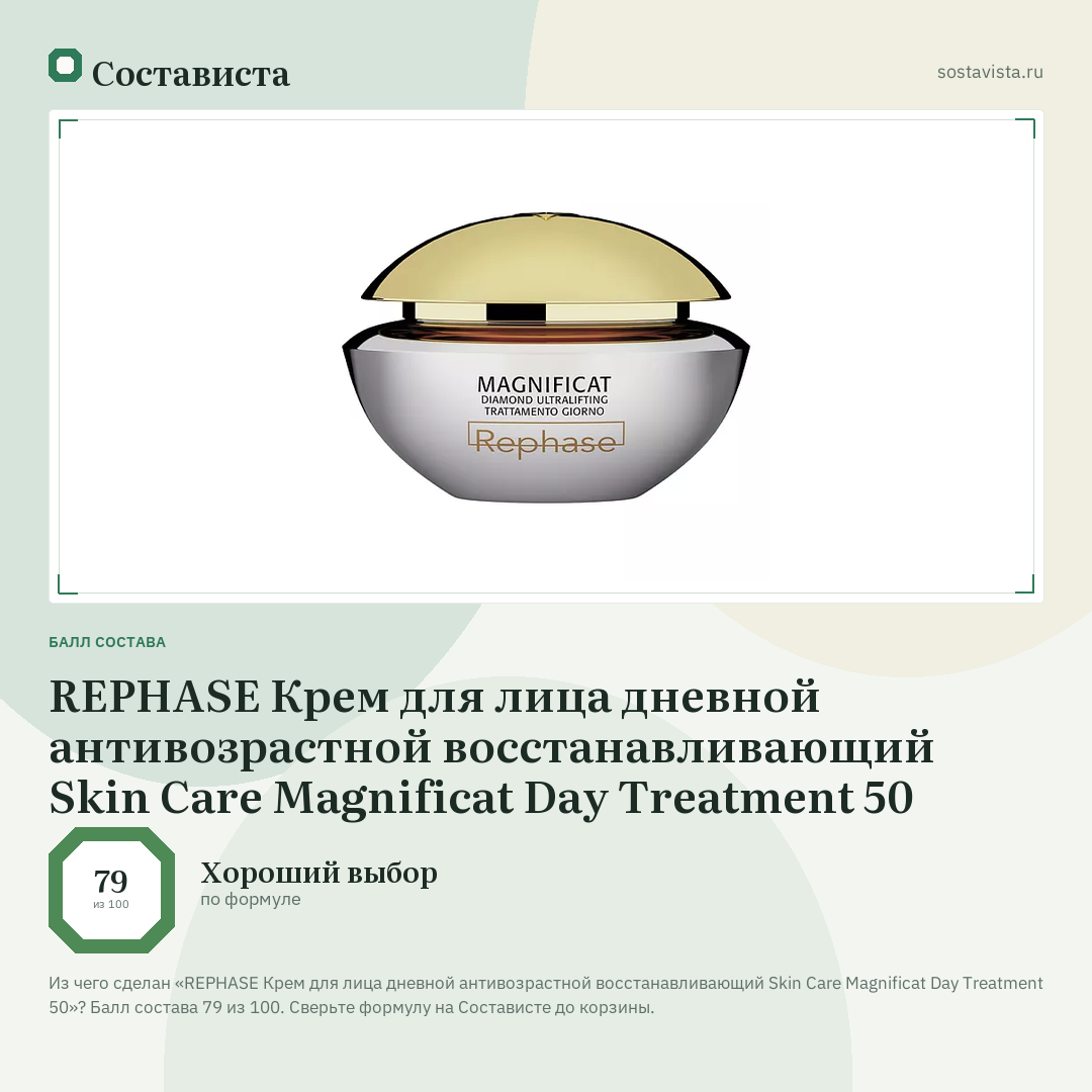 REPHASE Крем для лица дневной антивозрастной восстанавливающий Skin Care Magnificat Day Treatment 50: балл состава 79 из 100 — Состависта
