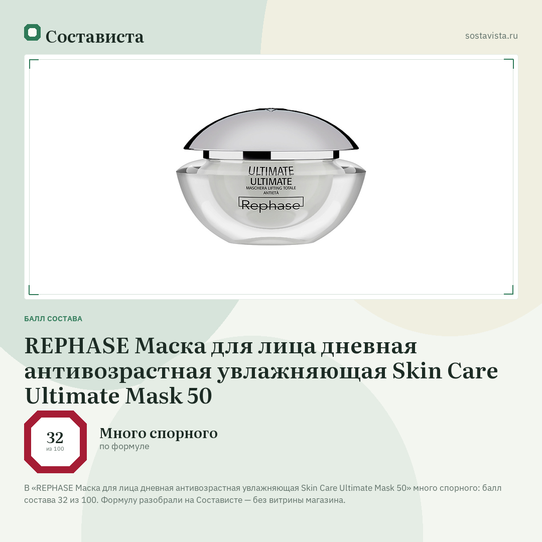 REPHASE Маска для лица дневная антивозрастная увлажняющая Skin Care Ultimate Mask 50: балл состава 32 из 100 — Состависта