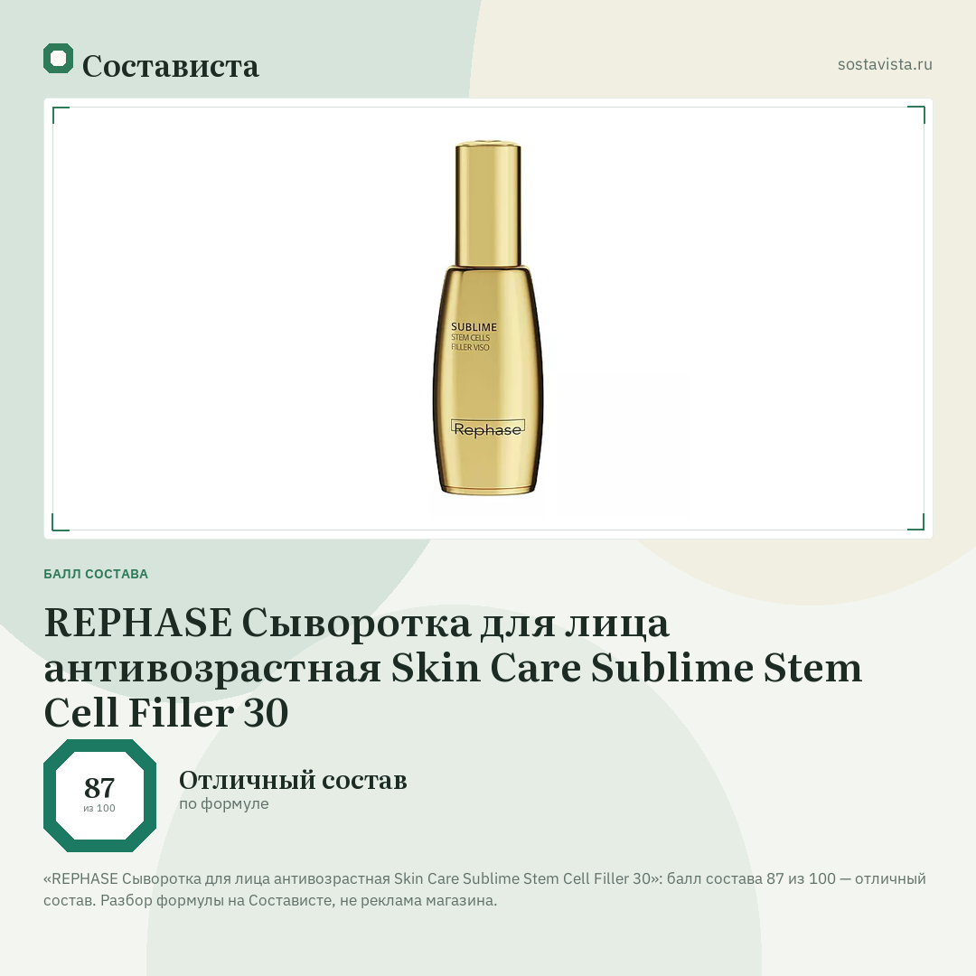 REPHASE Сыворотка для лица антивозрастная Skin Care Sublime Stem Cell Filler 30: балл состава 87 из 100 — Состависта