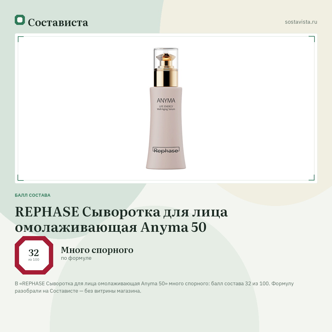 REPHASE Сыворотка для лица омолаживающая Anyma 50: балл состава 32 из 100 — Состависта