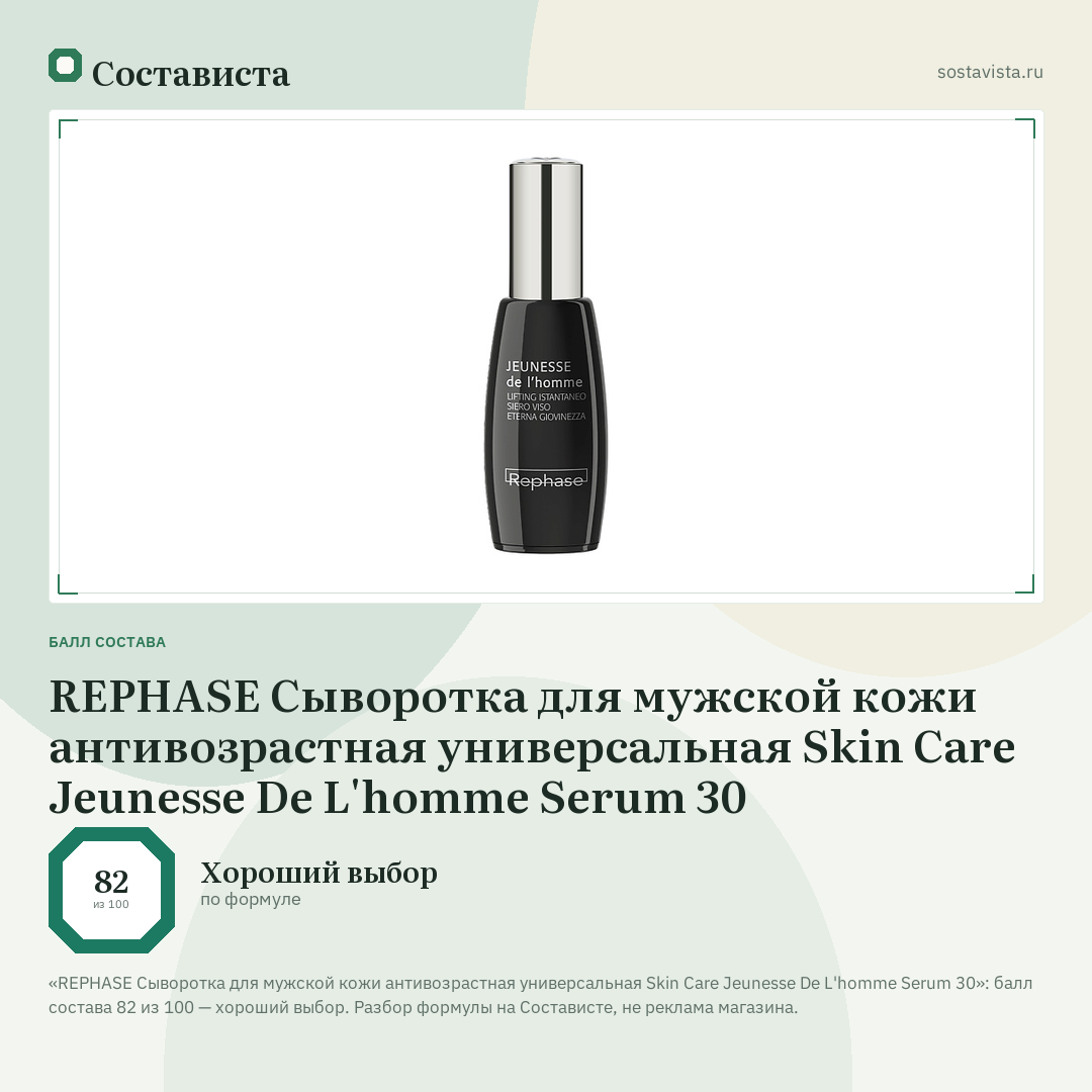 REPHASE Сыворотка для мужской кожи антивозрастная универсальная Skin Care Jeunesse De L'homme Serum 30: балл состава 82 из 100 — Состависта
