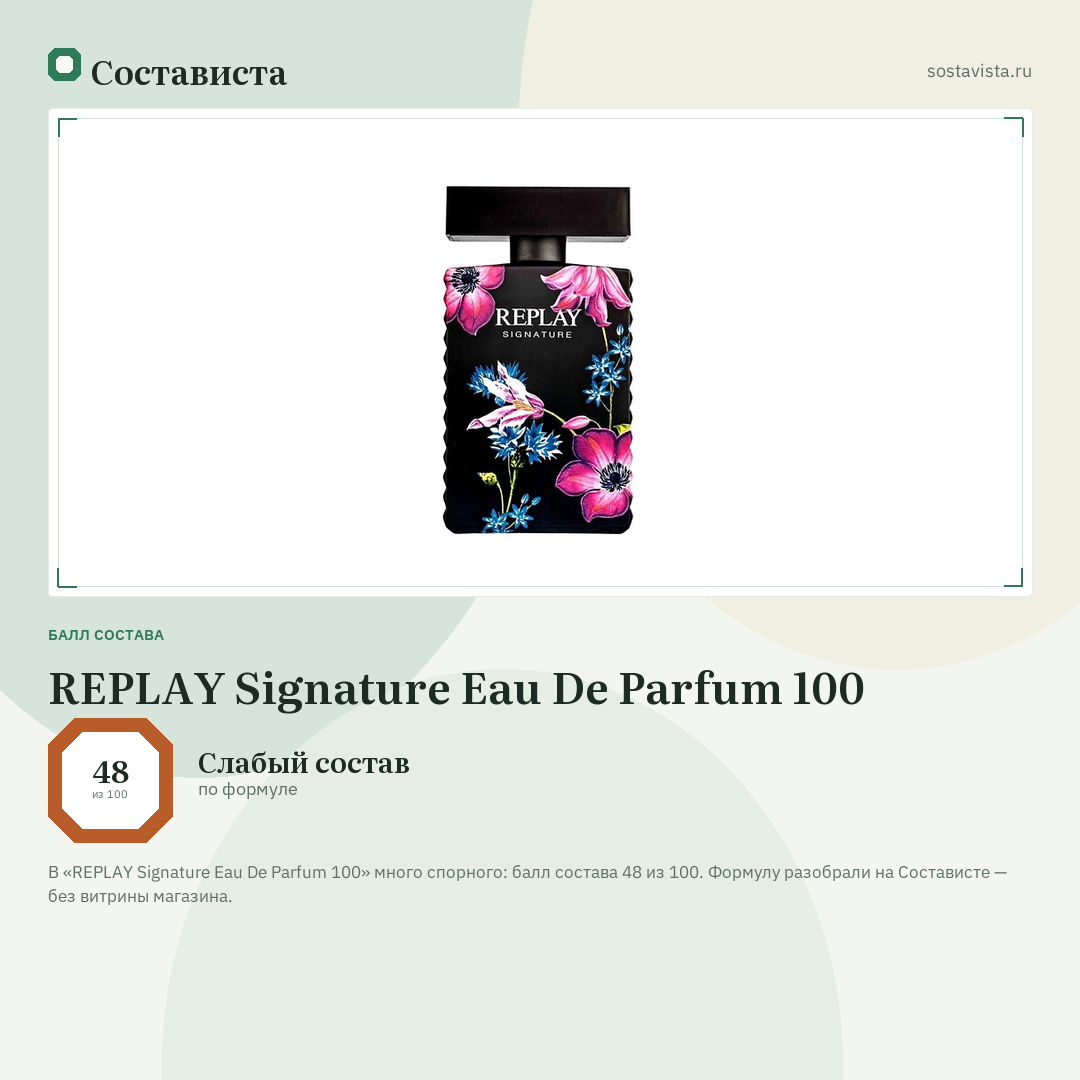 REPLAY Signature Eau De Parfum 100: балл состава 48 из 100 — Состависта