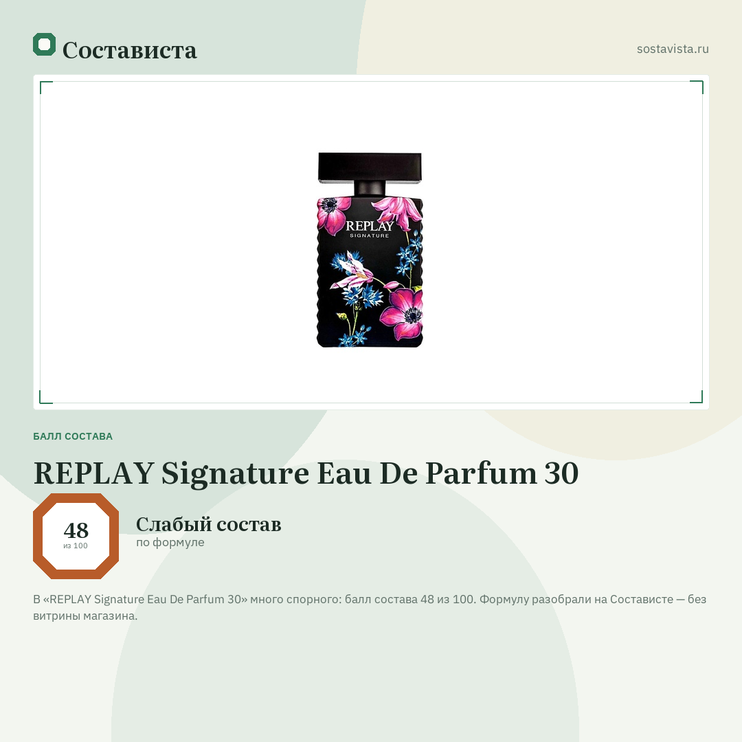 REPLAY Signature Eau De Parfum 30: балл состава 48 из 100 — Состависта