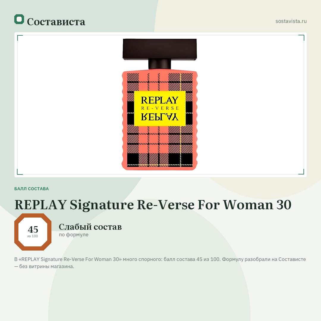 REPLAY Signature Re-Verse For Woman 30: балл состава 45 из 100 — Состависта