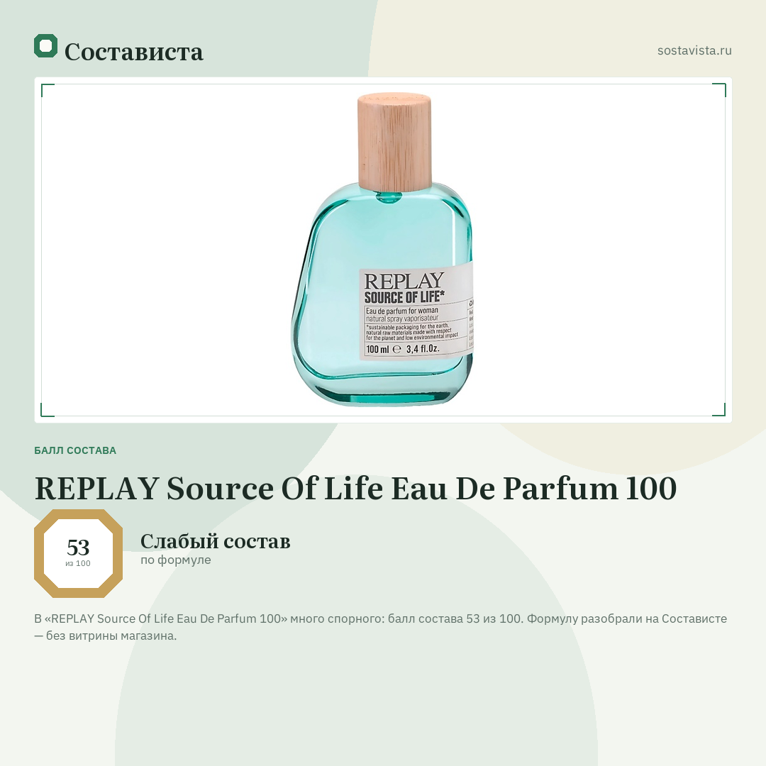 REPLAY Source Of Life Eau De Parfum 100: балл состава 53 из 100 — Состависта