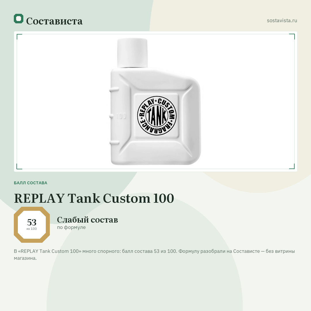 REPLAY Tank Custom 100: балл состава 53 из 100 — Состависта