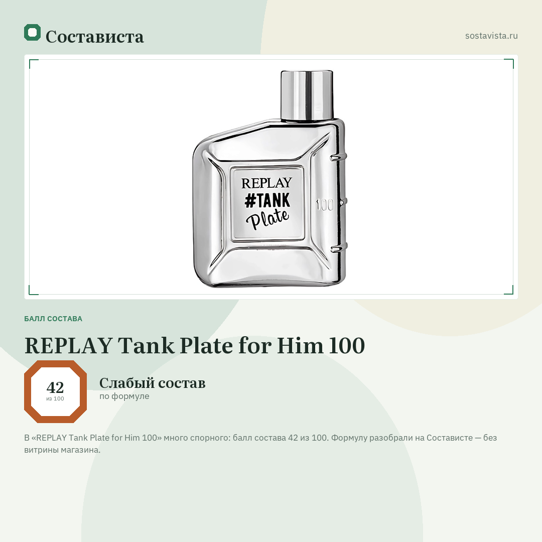 REPLAY Tank Plate for Him 100: балл состава 42 из 100 — Состависта
