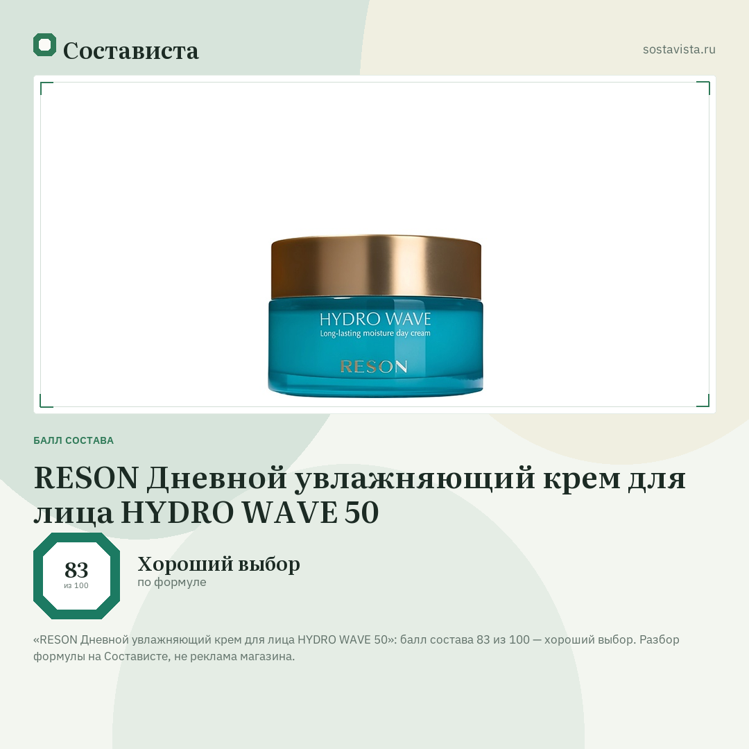 RESON Дневной увлажняющий крем для лица HYDRO WAVE 50: балл состава 83 из 100 — Состависта
