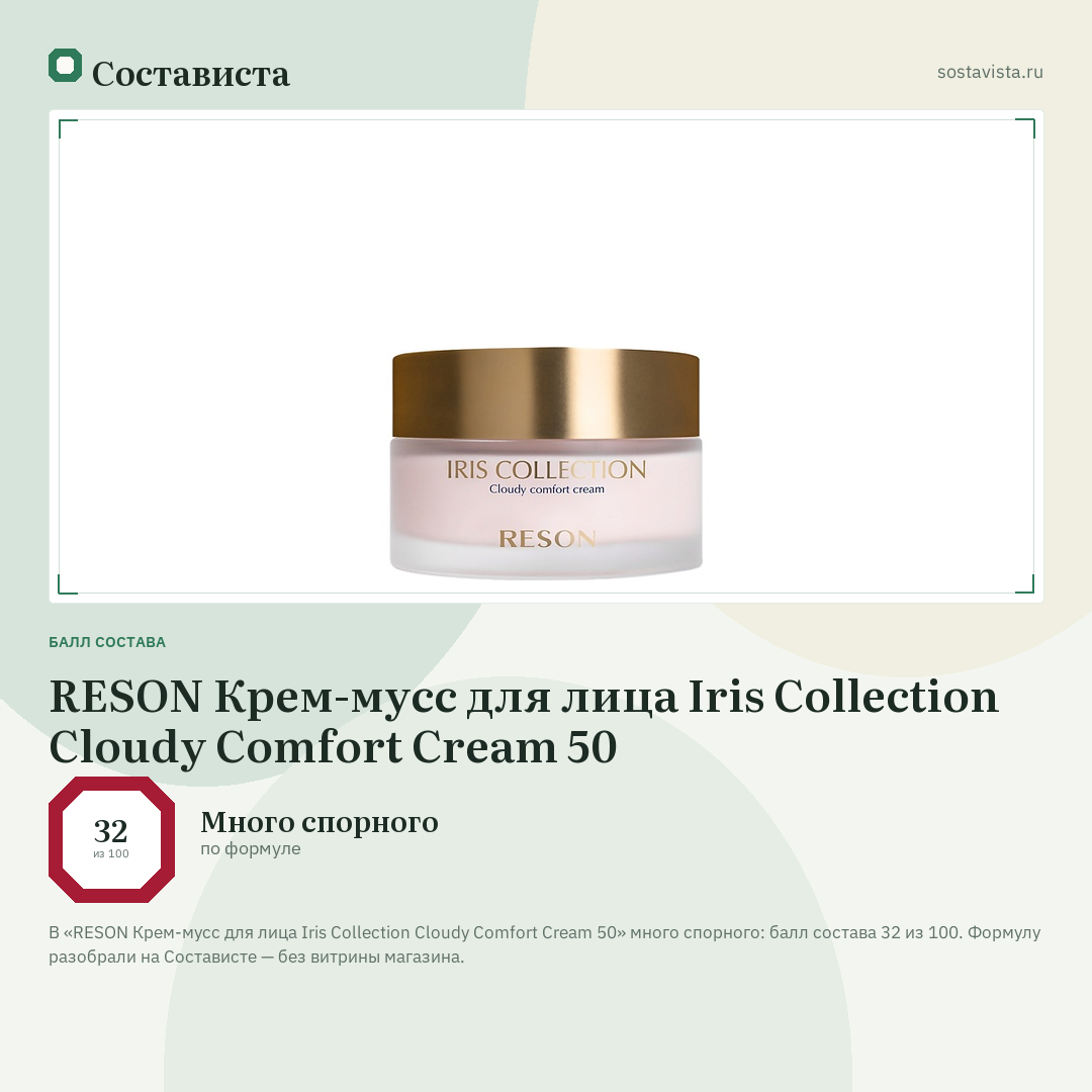 RESON Крем-мусс для лица Iris Collection Cloudy Comfort Cream 50: балл состава 32 из 100 — Состависта