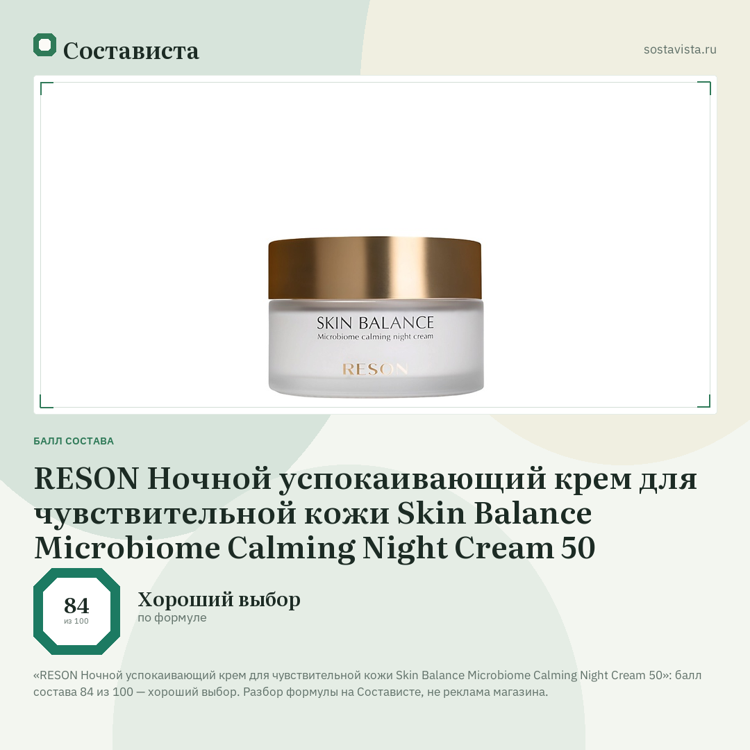 RESON Ночной успокаивающий крем для чувствительной кожи Skin Balance Microbiome Calming Night Cream 50: балл состава 84 из 100 — Состависта