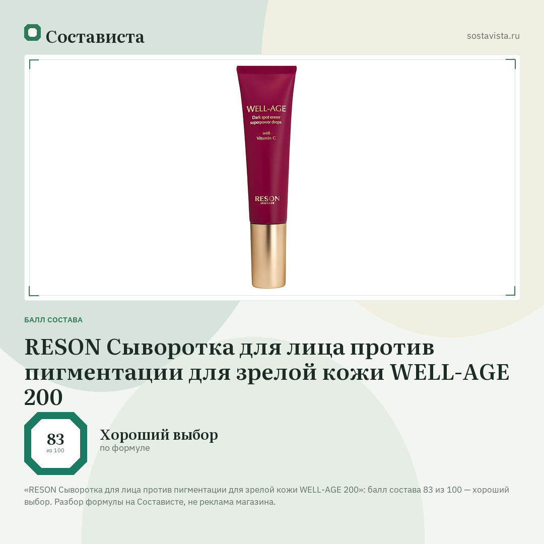 RESON Сыворотка для лица против пигментации для зрелой кожи WELL-AGE 200: балл состава 83 из 100 — Состависта