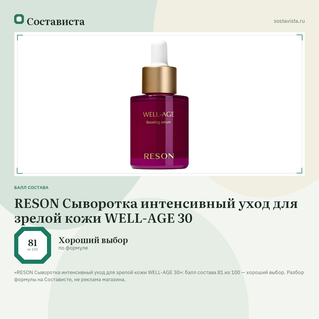 RESON Сыворотка интенсивный уход для зрелой кожи WELL-AGE 30: балл состава 81 из 100 — Состависта
