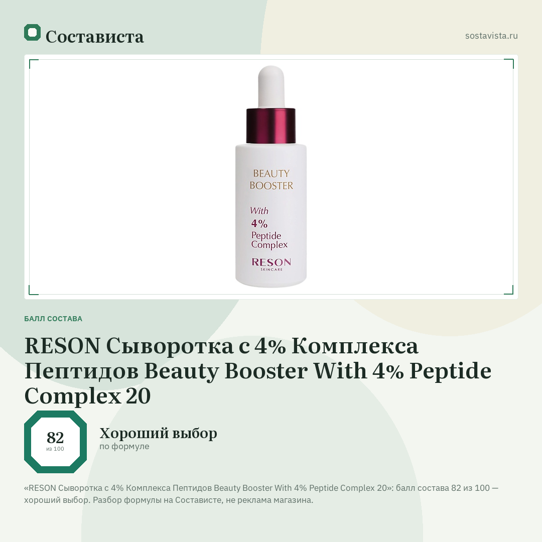 RESON Сыворотка с 4% Комплекса Пептидов Beauty Booster With 4% Peptide Complex 20: балл состава 82 из 100 — Состависта