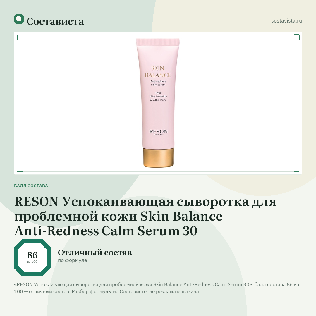 RESON Успокаивающая сыворотка для проблемной кожи Skin Balance Anti-Redness Calm Serum 30: балл состава 86 из 100 — Состависта