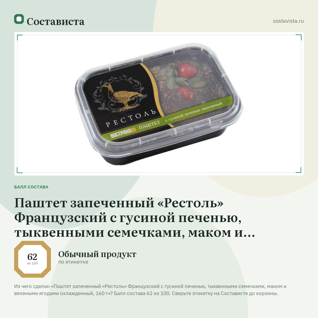 Паштет запеченный «Рестоль» Французский с гусиной печенью, тыквенными семечками, маком и вялеными ягодами охлажденный, 160 г: балл состава 62 из 100 — Состависта