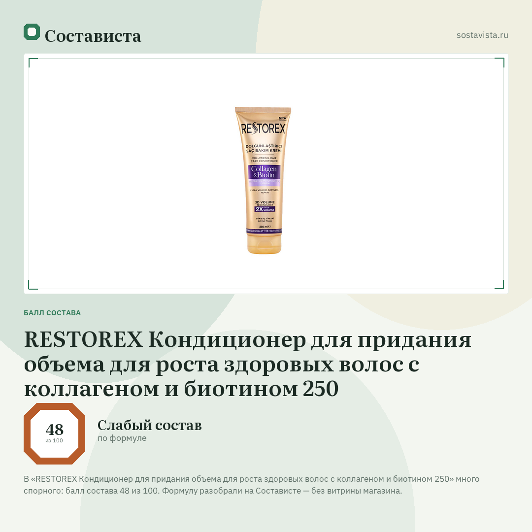 RESTOREX Кондиционер для придания объема для роста здоровых волос с коллагеном и биотином 250: балл состава 48 из 100 — Состависта