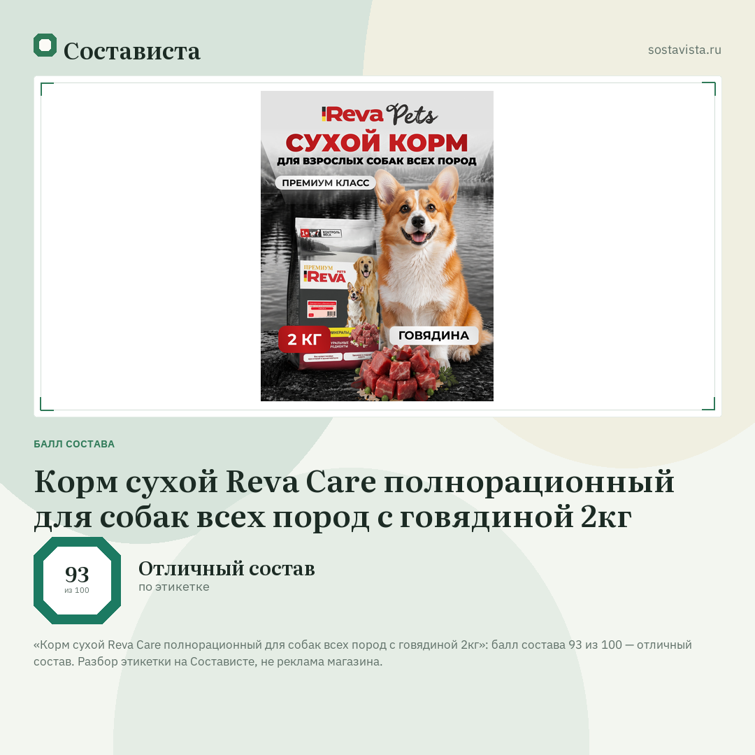 Корм сухой Reva Care полнорационный для собак всех пород с говядиной 2кг: балл состава 93 из 100 — Состависта