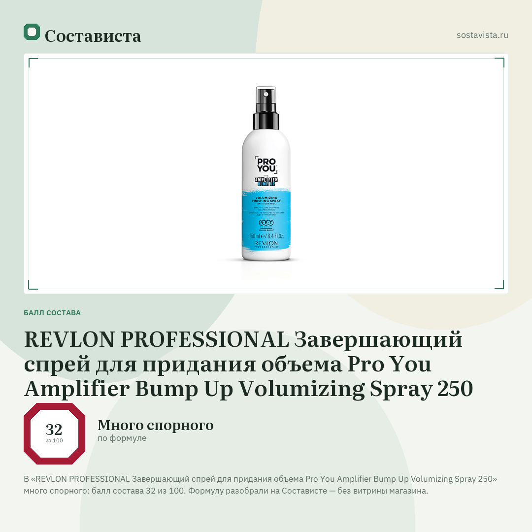 REVLON PROFESSIONAL Завершающий спрей для придания объема Pro You Amplifier Bump Up Volumizing Spray 250: балл состава 32 из 100 — Состависта