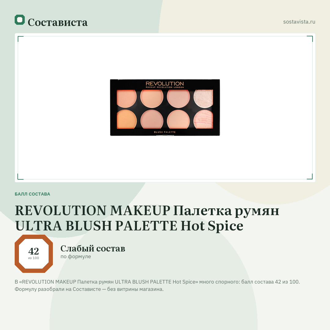 REVOLUTION MAKEUP Палетка румян ULTRA BLUSH PALETTE Hot Spice: балл состава 42 из 100 — Состависта