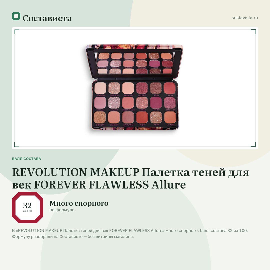 REVOLUTION MAKEUP Палетка теней для век FOREVER FLAWLESS Allure: балл состава 32 из 100 — Состависта