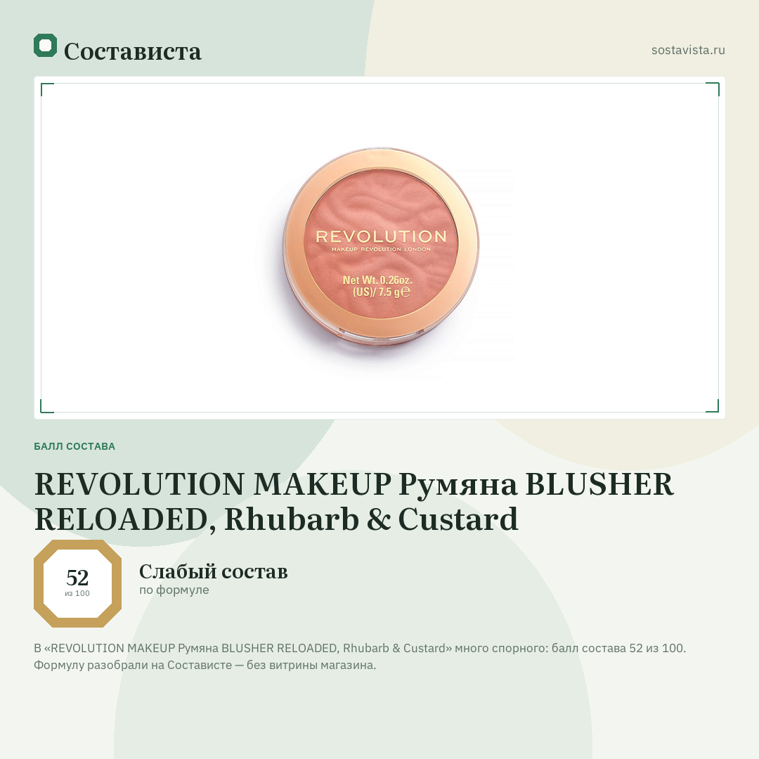 REVOLUTION MAKEUP Румяна BLUSHER RELOADED, Rhubarb & Custard: балл состава 52 из 100 — Состависта