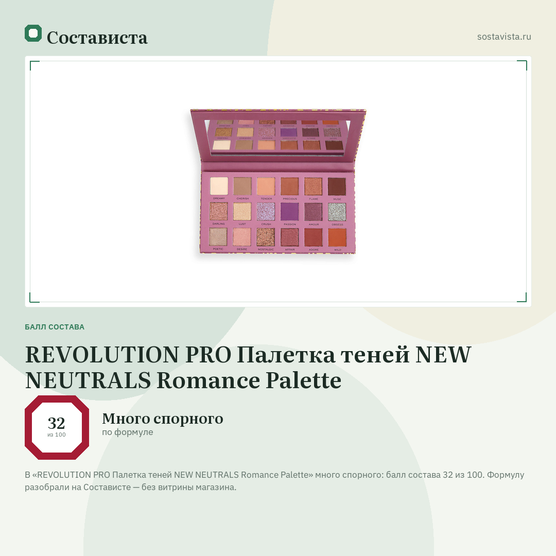 REVOLUTION PRO Палетка теней NEW NEUTRALS Romance Palette: балл состава 32 из 100 — Состависта
