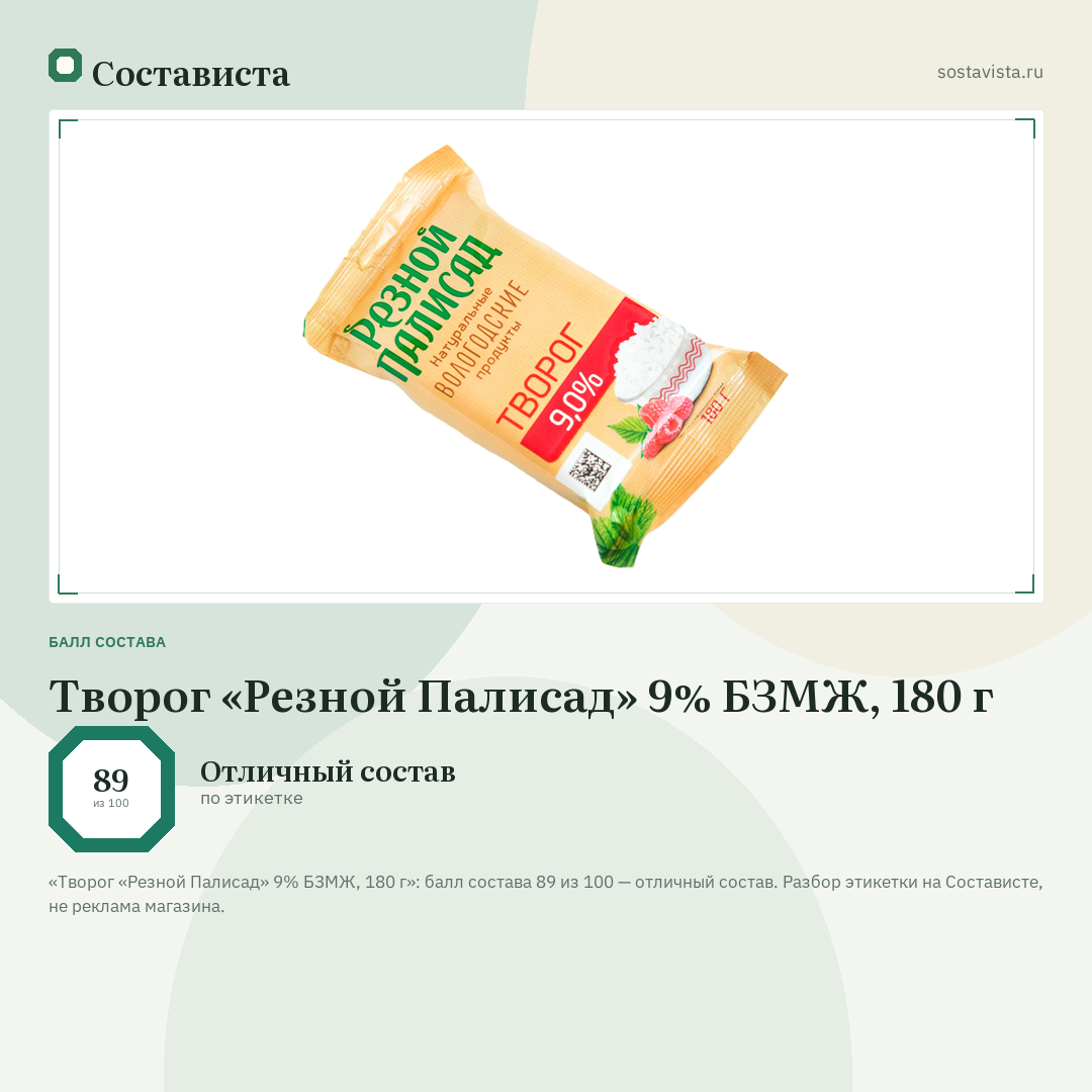 Творог «Резной Палисад» 9% БЗМЖ, 180 г: балл состава 89 из 100 — Состависта