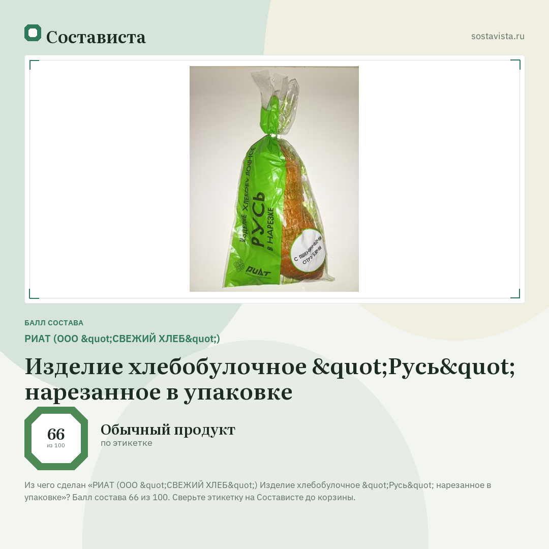 РИАТ (ООО "СВЕЖИЙ ХЛЕБ") Изделие хлебобулочное "Русь" нарезанное в упаковке: балл состава 66 из 100 — Состависта
