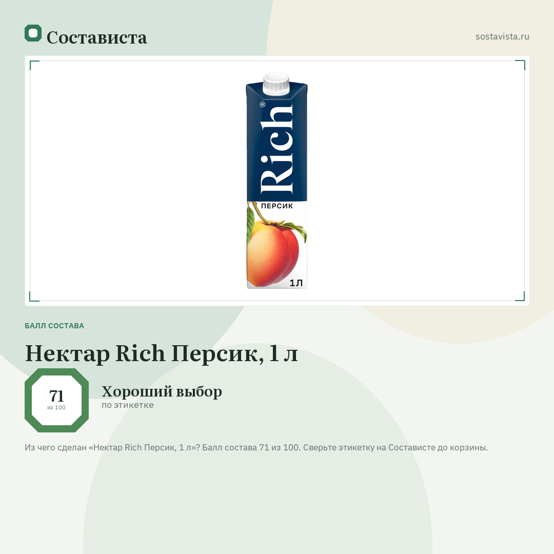 Нектар Rich Персик, 1 л: балл состава 71 из 100 — Состависта