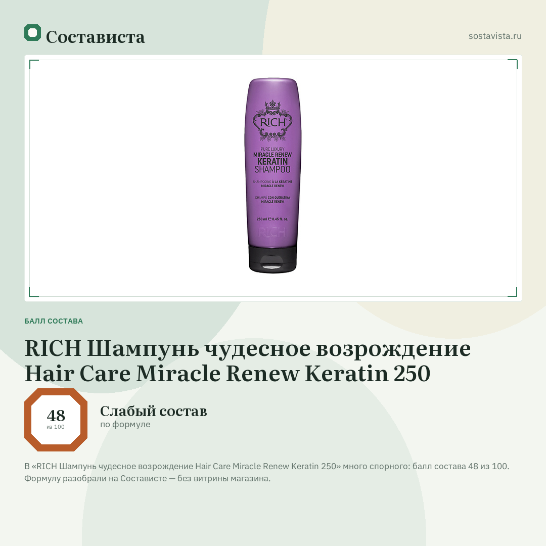 RICH Шампунь чудесное возрождение Hair Care Miracle Renew Keratin 250: балл состава 48 из 100 — Состависта
