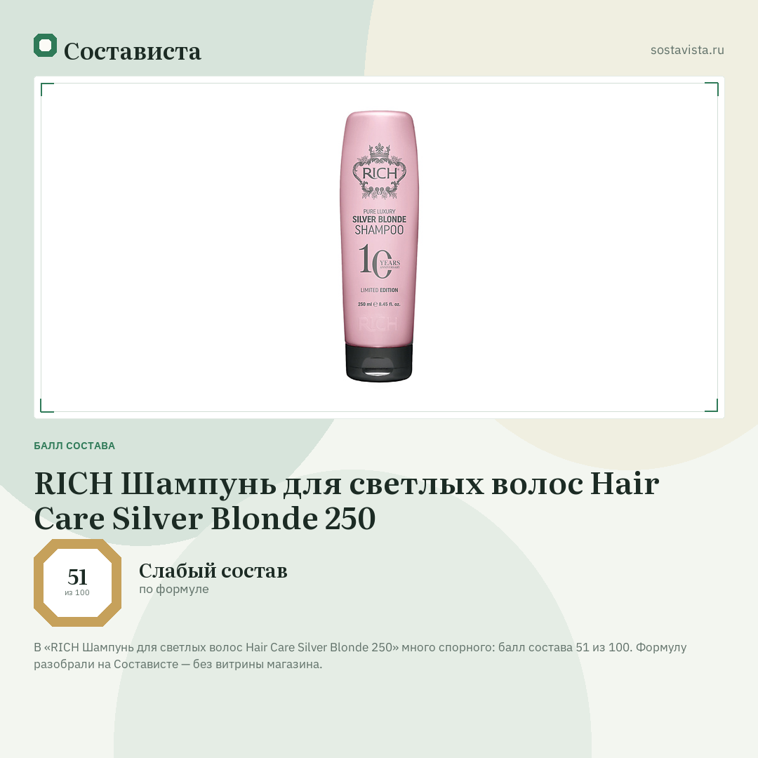 RICH Шампунь для светлых волос Hair Care Silver Blonde 250: балл состава 51 из 100 — Состависта