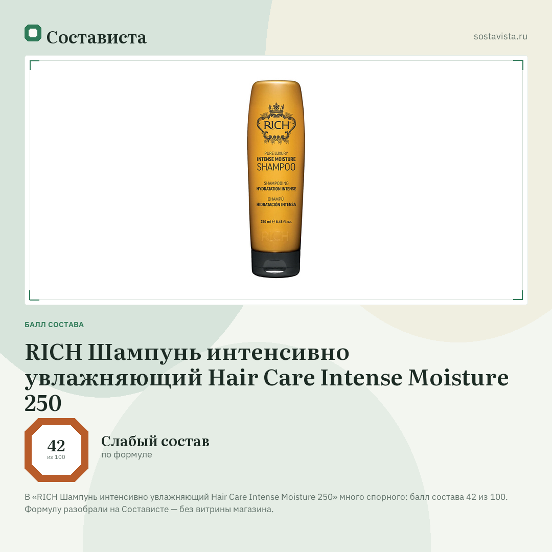 RICH Шампунь интенсивно увлажняющий Hair Care Intense Moisture 250: балл состава 42 из 100 — Состависта