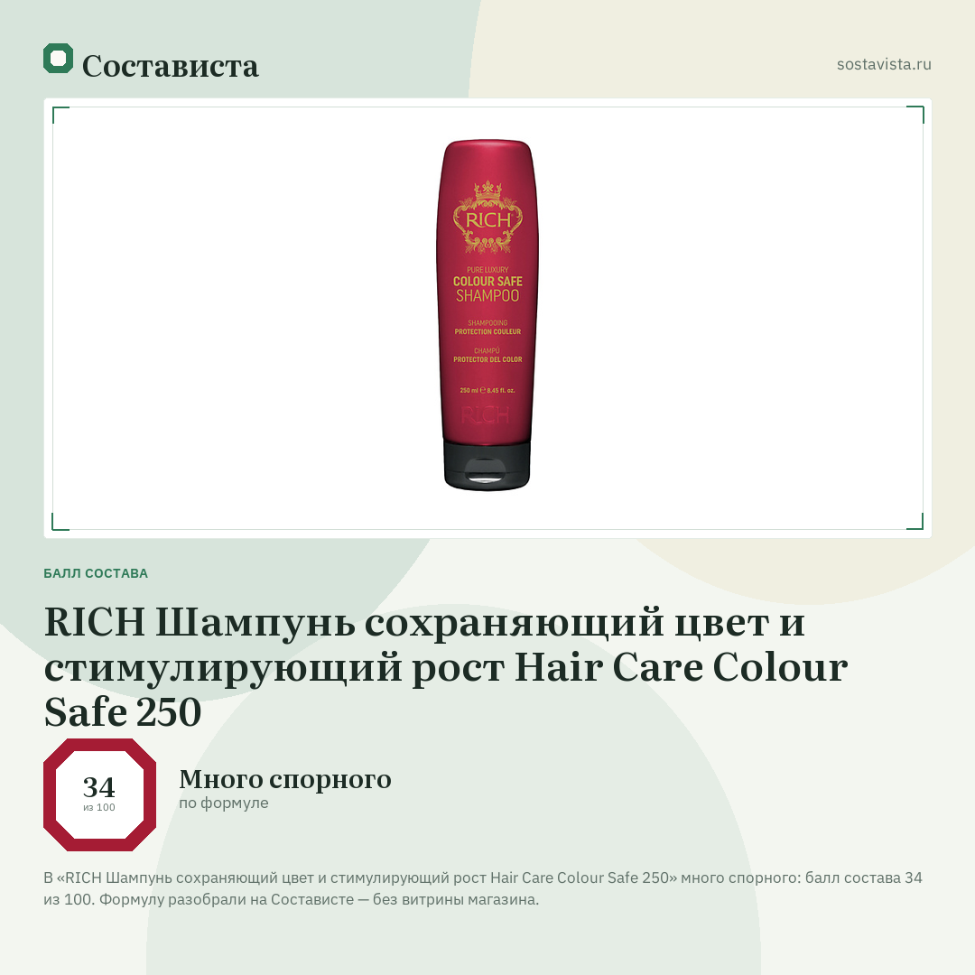 RICH Шампунь сохраняющий цвет и стимулирующий рост Hair Care Colour Safe 250: балл состава 34 из 100 — Состависта