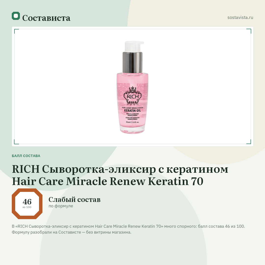 RICH Сыворотка-эликсир с кератином Hair Care Miracle Renew Keratin 70: балл состава 46 из 100 — Состависта