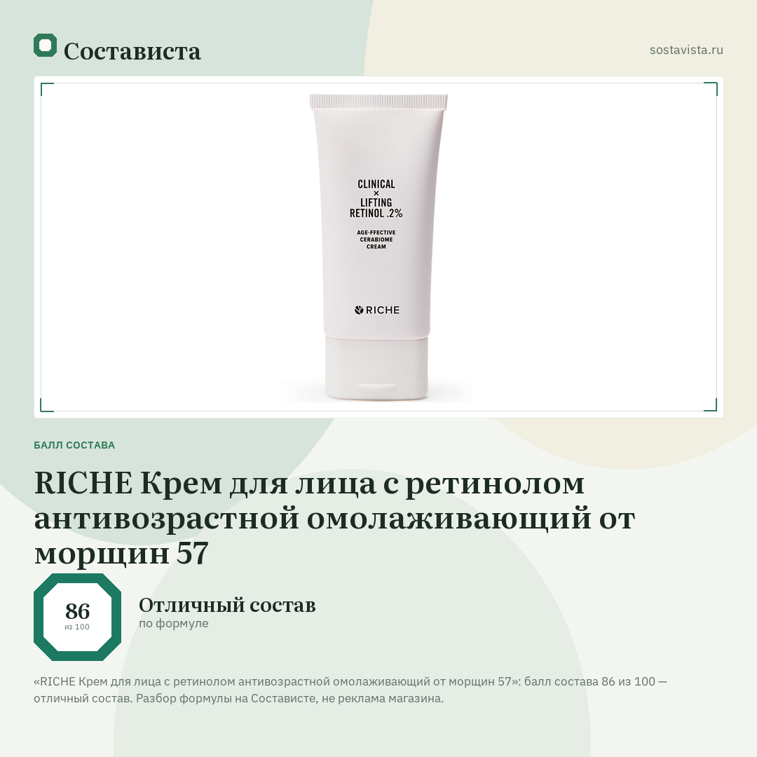 RICHE Крем для лица с ретинолом антивозрастной омолаживающий от морщин 57: балл состава 86 из 100 — Состависта