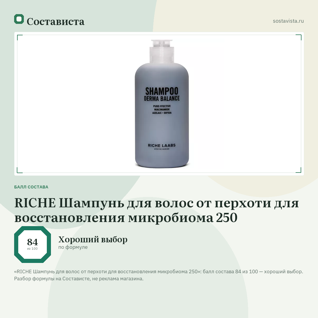 RICHE Шампунь для волос от перхоти для восстановления микробиома 250: балл состава 84 из 100 — Состависта