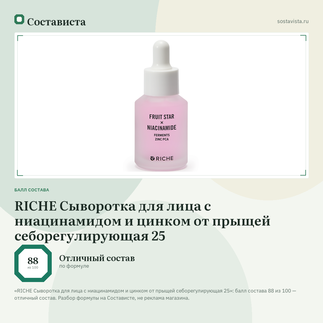 RICHE Сыворотка для лица с ниацинамидом и цинком от прыщей себорегулирующая 25: балл состава 88 из 100 — Состависта