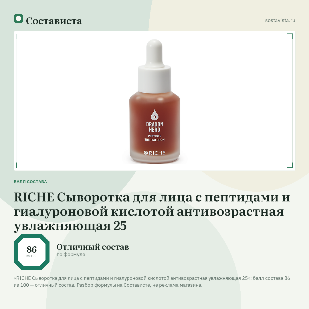 RICHE Сыворотка для лица с пептидами и гиалуроновой кислотой антивозрастная увлажняющая 25: балл состава 86 из 100 — Состависта